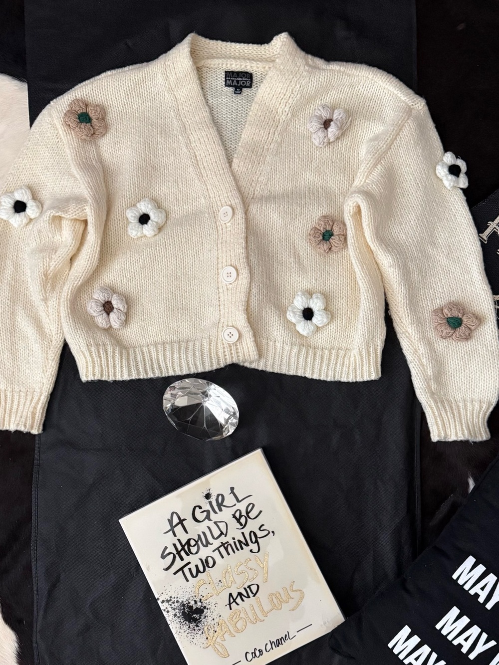 Cream Floral Knit Cardigan Sweater
